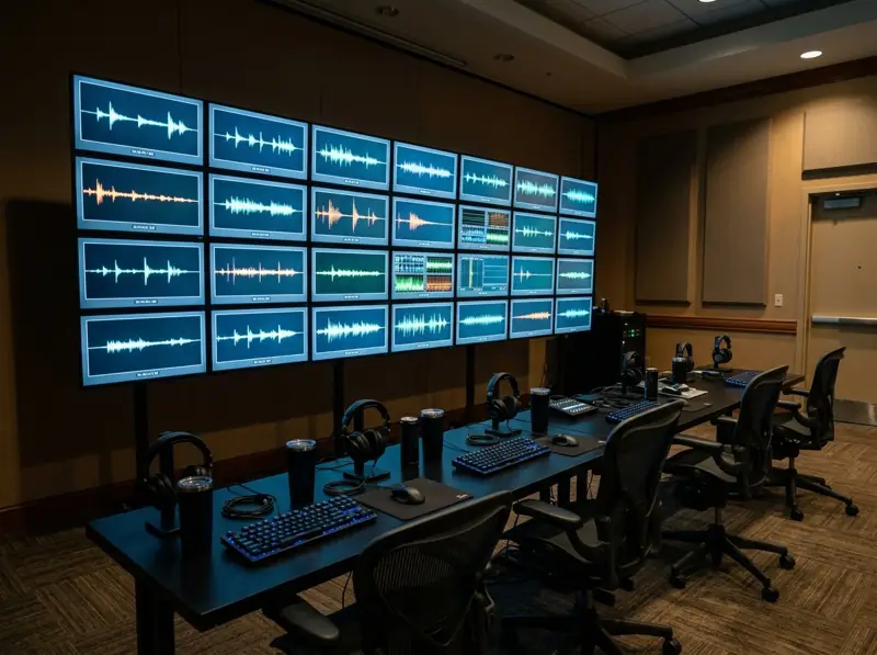 The Queue room: a wall of monitors showing voice-note waveforms